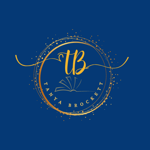 Tanya Brockett's logo in gold on blue background